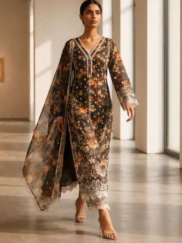 Black Floral Printed 3 Piece Suit