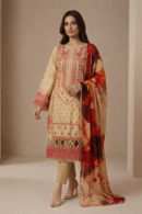 Beige & Red Embroidered 3 Piece Suit