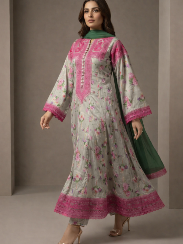 Light Grey & Pink Floral Printed 3 Piece Suit