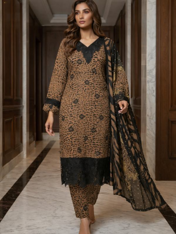 Brown & Black Printed 3 Piece Suit