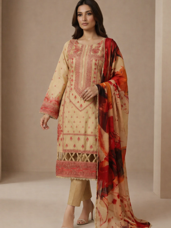 Beige & Red Embroidered 3 Piece Suit