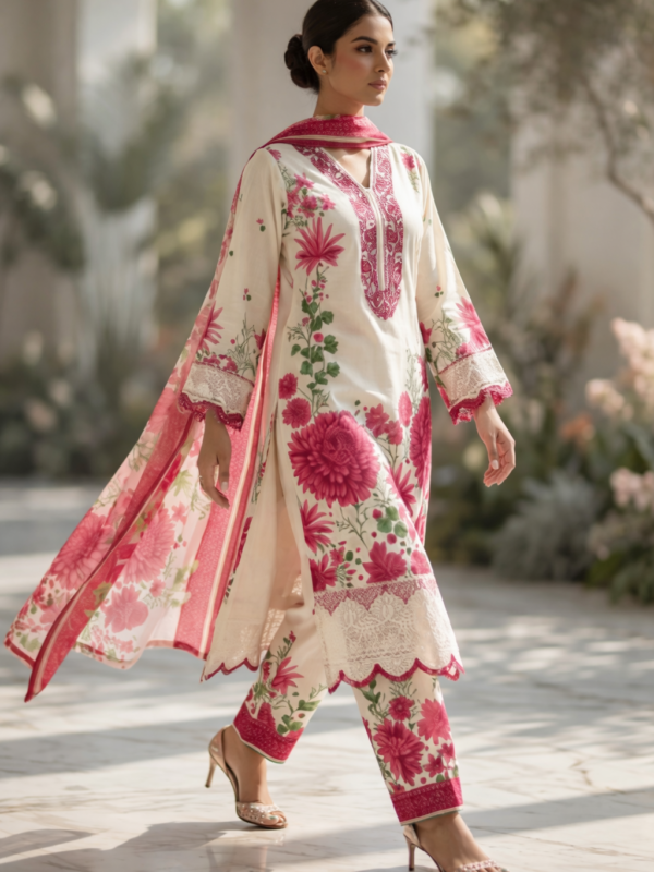 Off-White & Pink Floral Printed 3 Piece Suit
