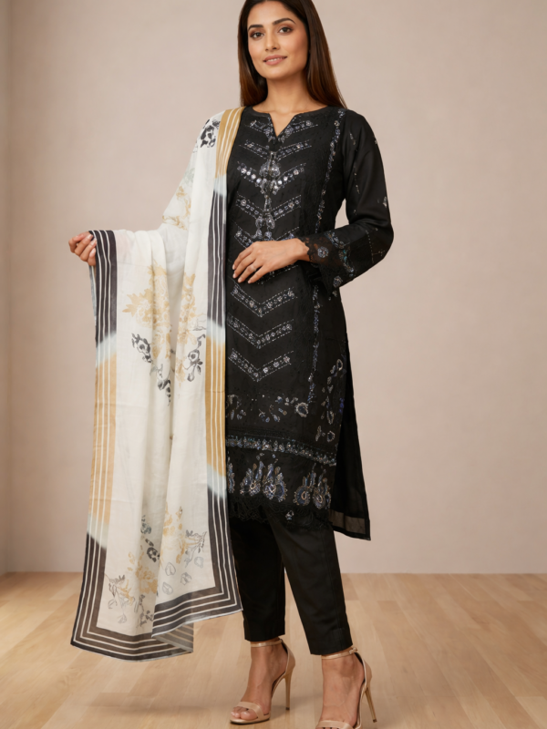 Black Embroidered 3 Piece Suit