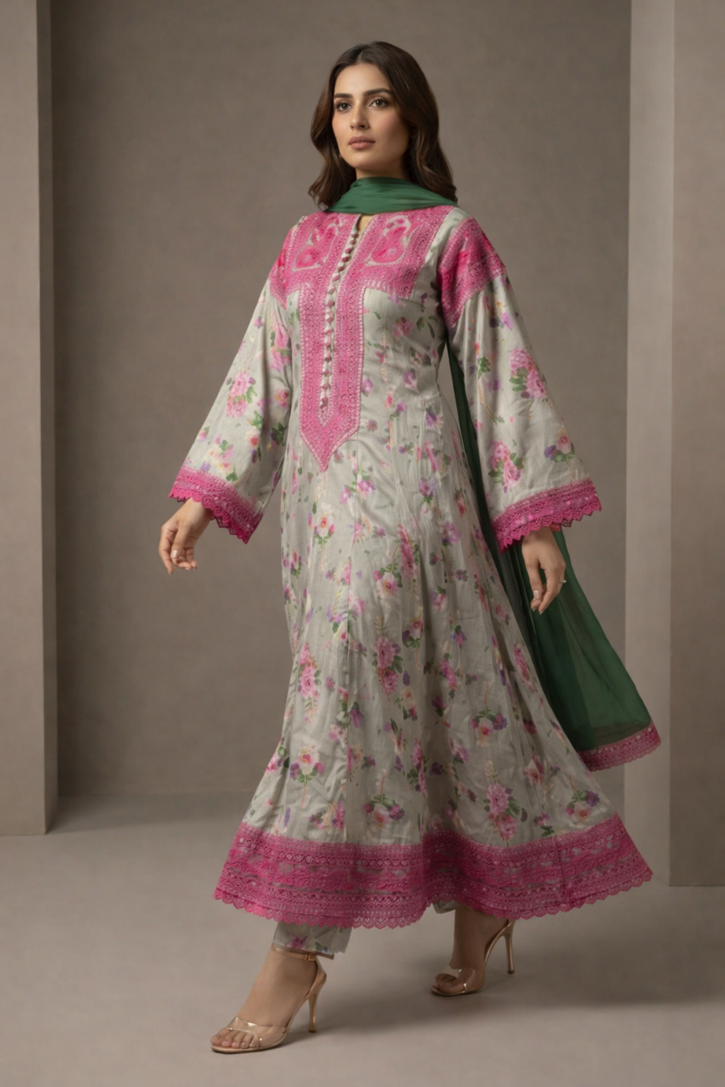 Light Grey & Pink Floral Printed 3 Piece Suit - Image 3