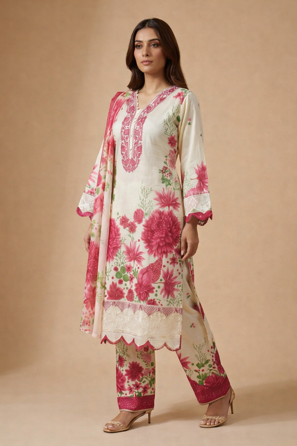 Off-White & Pink Floral Printed 3 Piece Suit - Image 2