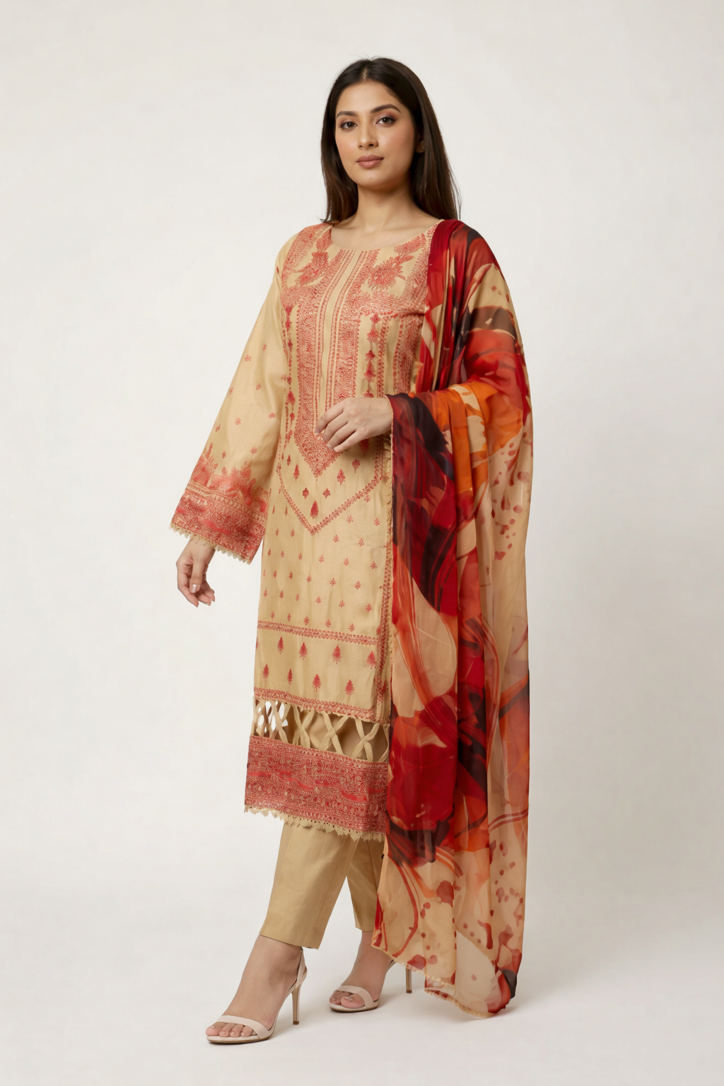 Beige & Red Embroidered 3 Piece Suit - Image 2