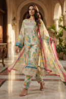 Cream Floral Printed 3 Piece Suit with Pink Border Dupatta