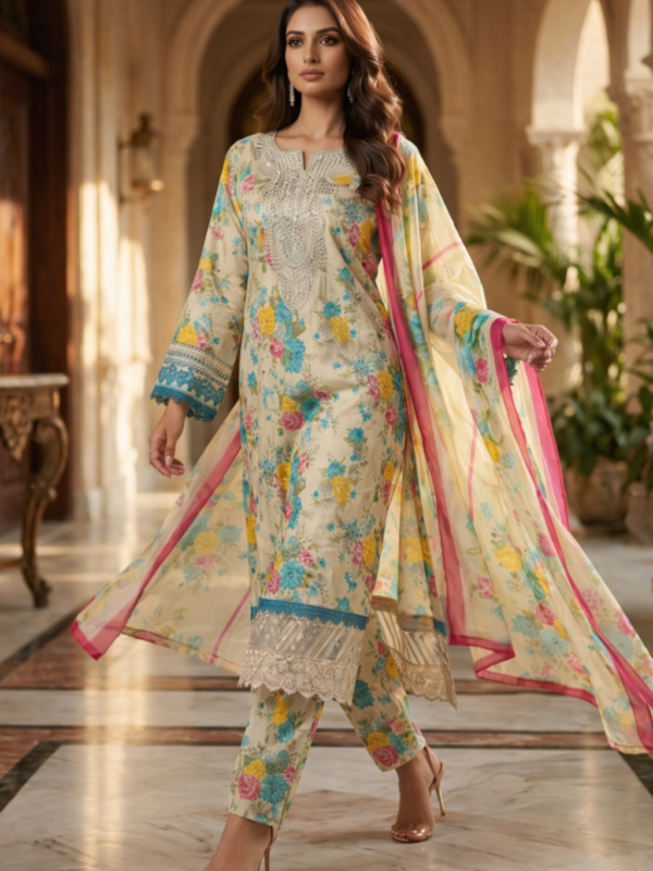 Cream Floral Printed 3 Piece Suit with Pink Border Dupatta