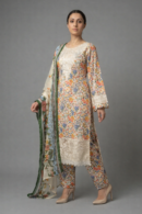 Cream Floral Printed 3 Piece Suit