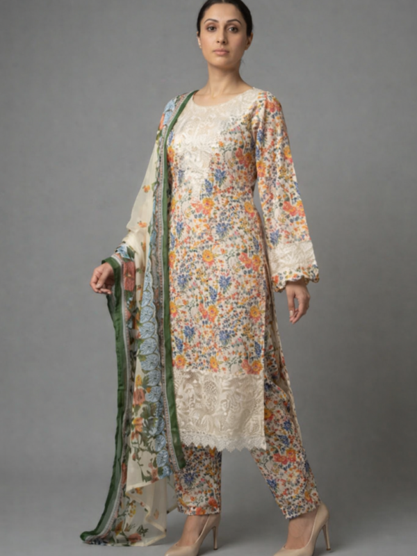 Cream Floral Printed 3 Piece Suit