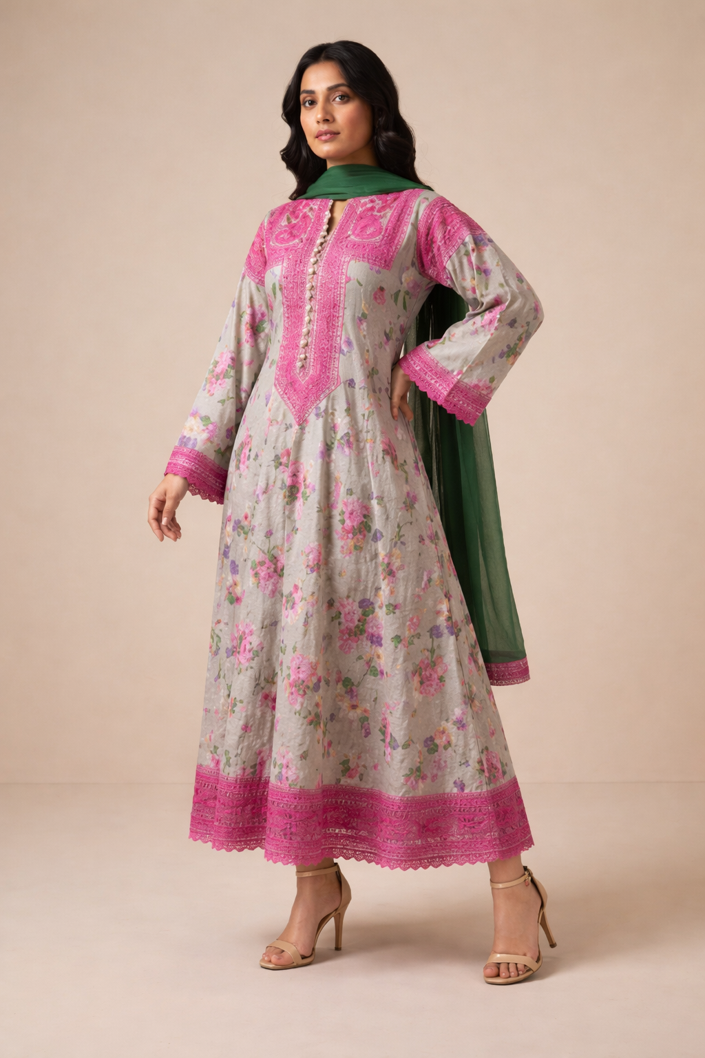 Light Grey & Pink Floral Printed 3 Piece Suit - Image 2