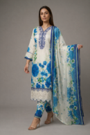Off-White & Blue Floral Printed 3 Piece Suit