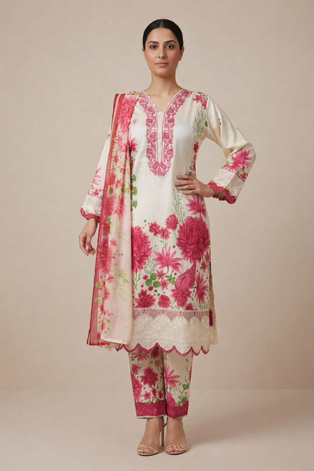 Off-White & Pink Floral Printed 3 Piece Suit - Image 3