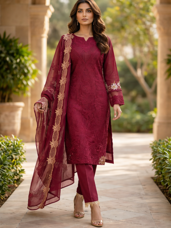 Maroon Embroidered 3 Piece Suit
