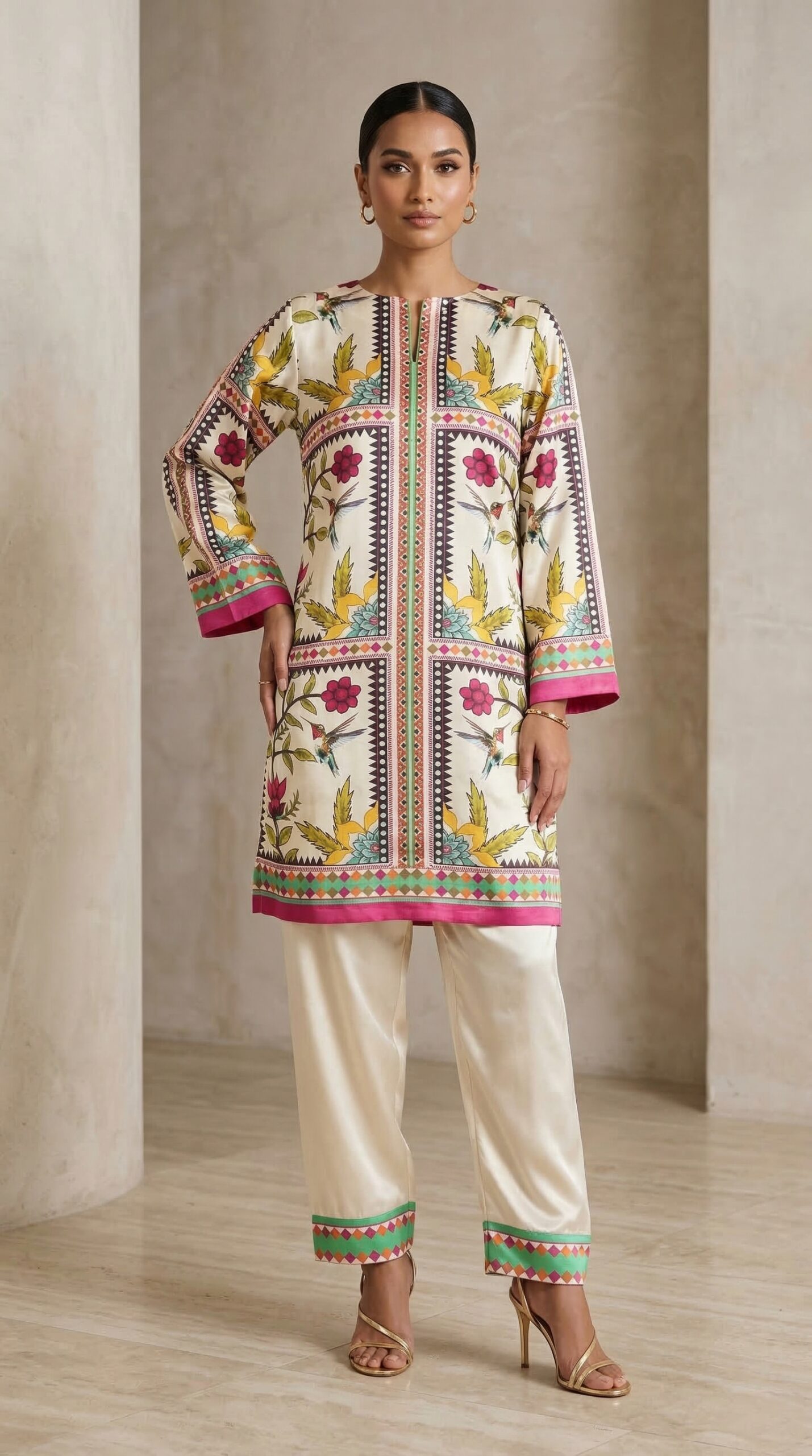 Ivory Floral Printed Co-Ord Set with Silk Trousers – Elegant Women’s 2 Piece Outfit - Image 3