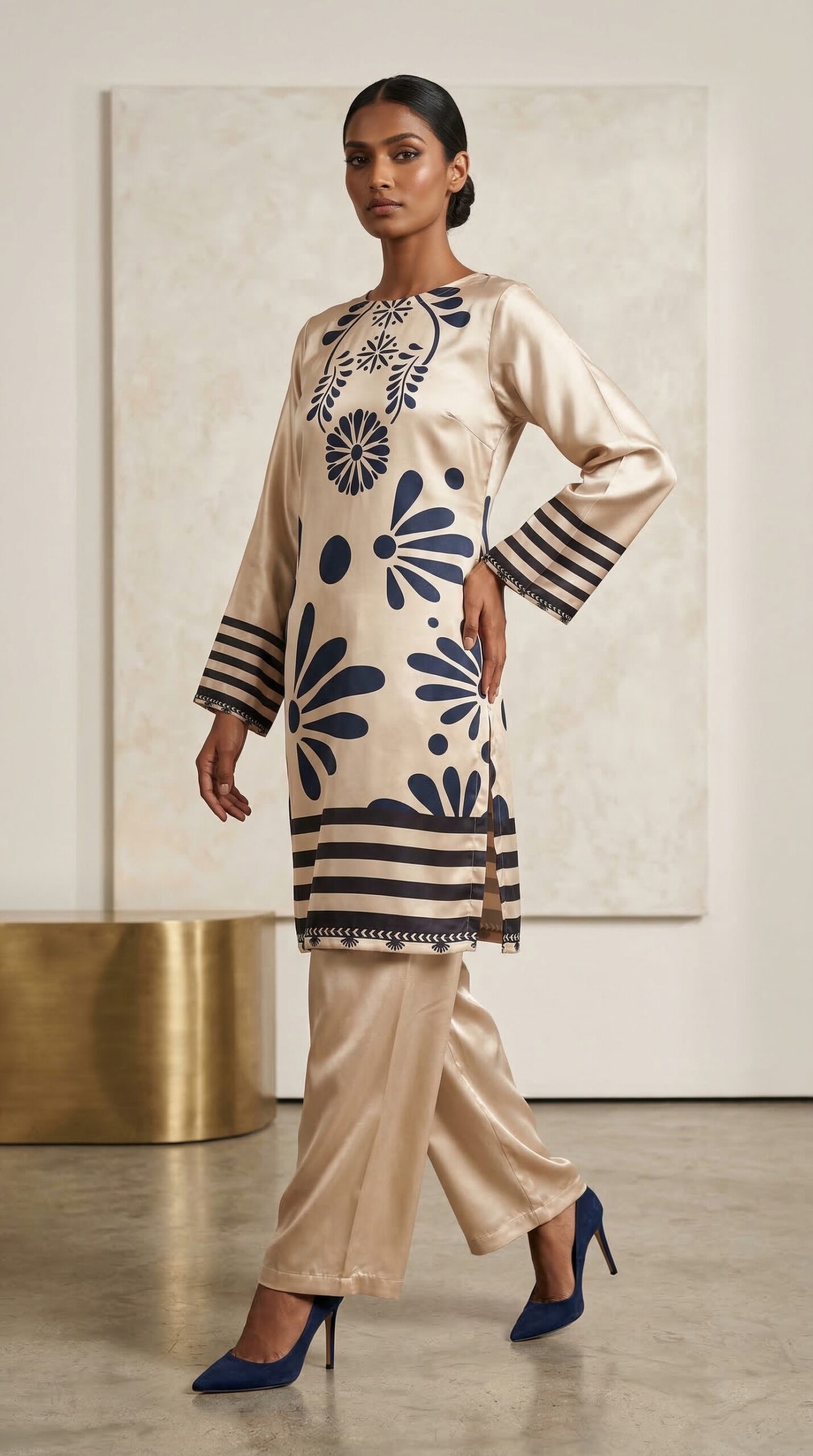 Champagne Satin Co-Ord Set with Bold Floral Motifs – Luxury Women’s Kurta & Trouser Set - Image 3