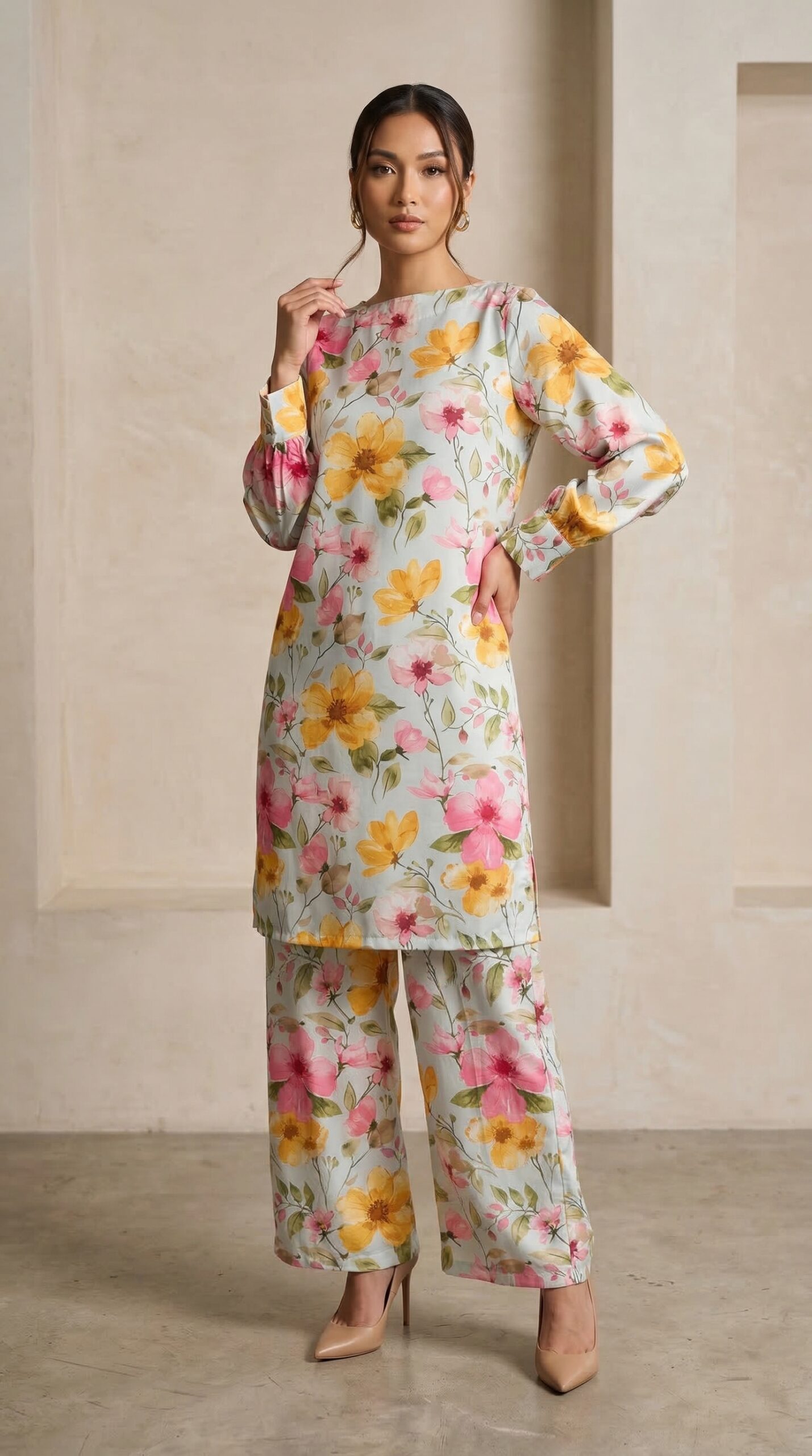 Pastel Floral Printed Co-Ord Set for Women – Soft Summer Kurta & Trouser Set - Image 3
