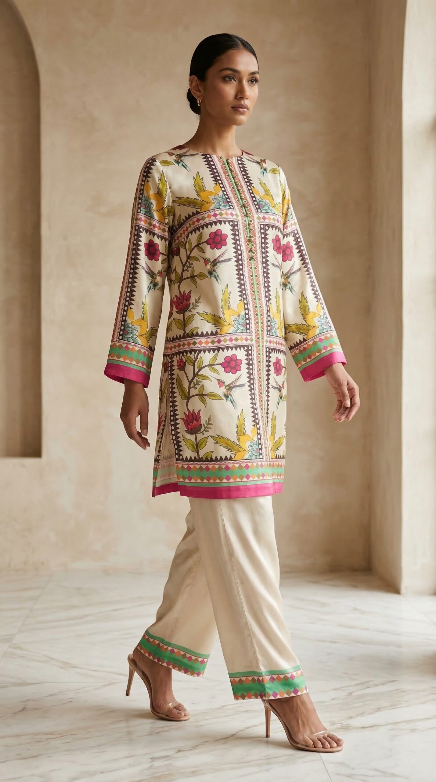 Ivory Floral Printed Co-Ord Set with Silk Trousers – Elegant Women’s 2 Piece Outfit - Image 2