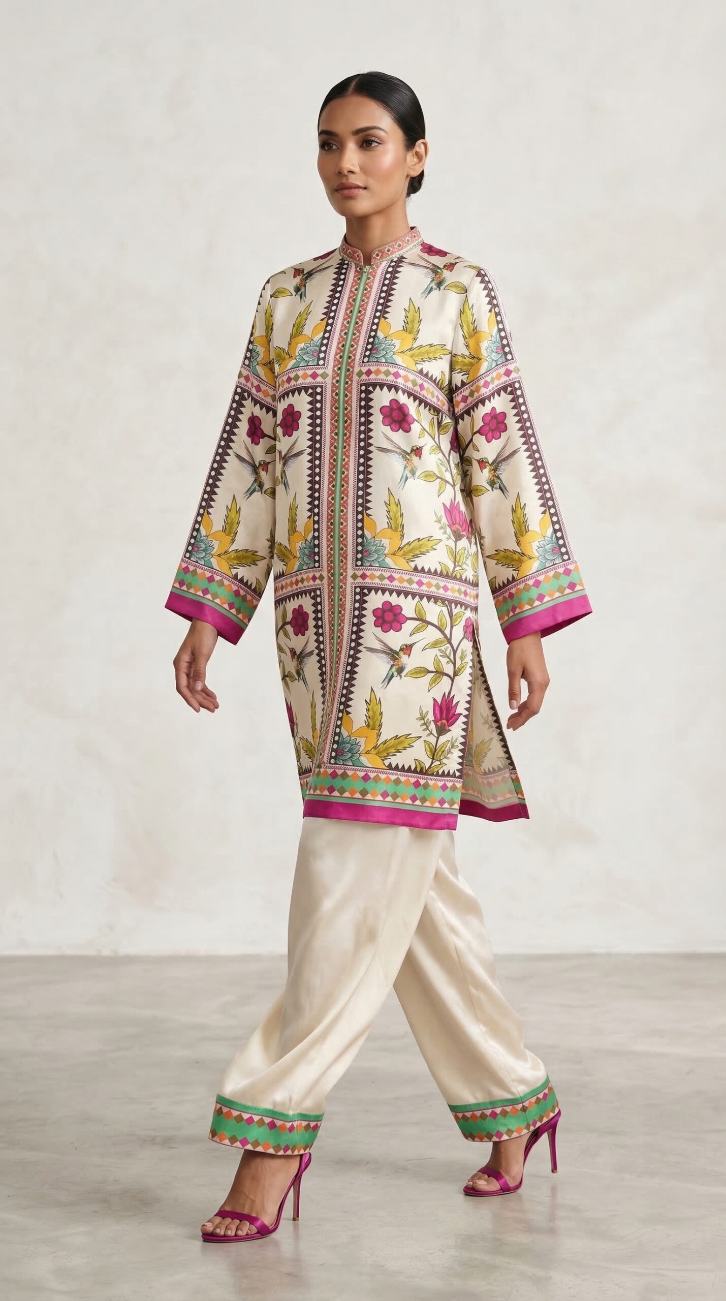 Ivory Floral Printed Co-Ord Set with Silk Trousers – Elegant Women’s 2 Piece Outfit