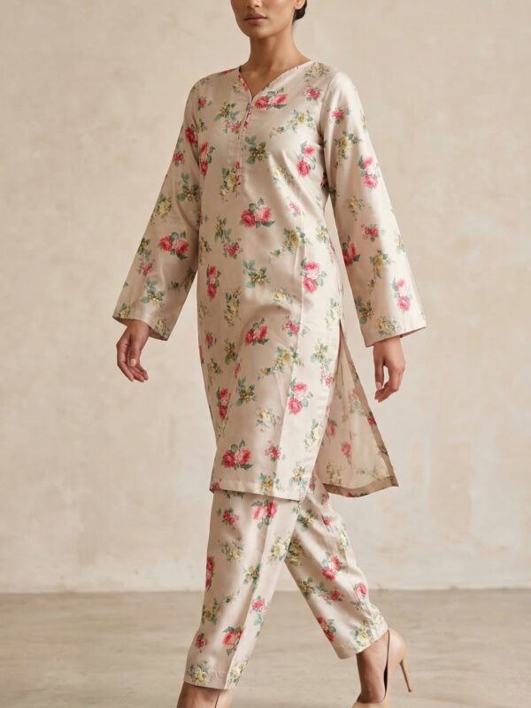 Soft Ivory Floral Co-Ord Set for Women – Elegant Printed Kurta & Trouser Set