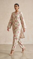 Soft Ivory Floral Co-Ord Set for Women – Elegant Printed Kurta & Trouser Set