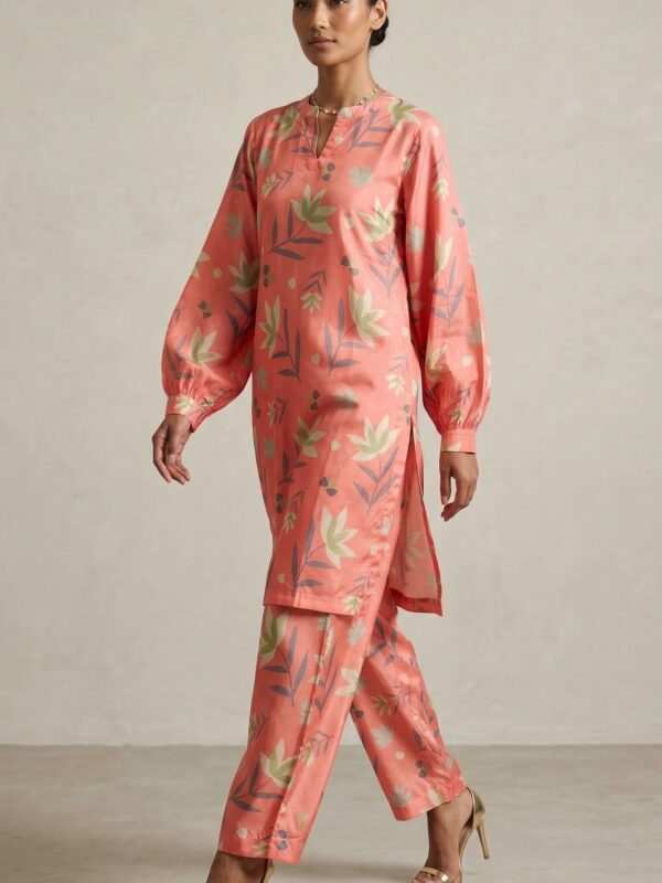 Coral Pink Floral Printed Co-Ord Set for Women – Lightweight Summer Kurta & Trouser Set