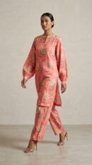 Coral Pink Floral Printed Co-Ord Set for Women – Lightweight Summer Kurta & Trouser Set