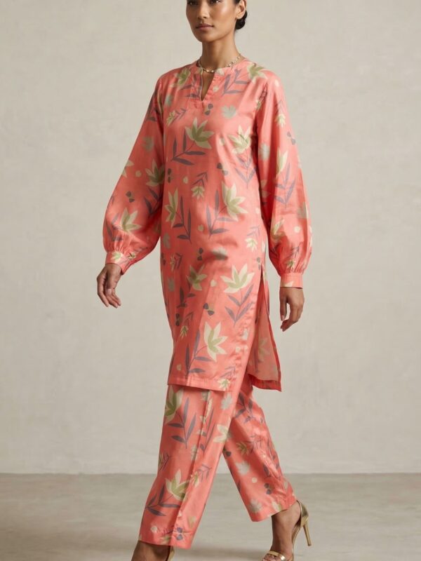 Coral Pink Floral Printed Co-Ord Set for Women – Lightweight Summer Kurta & Trouser Set