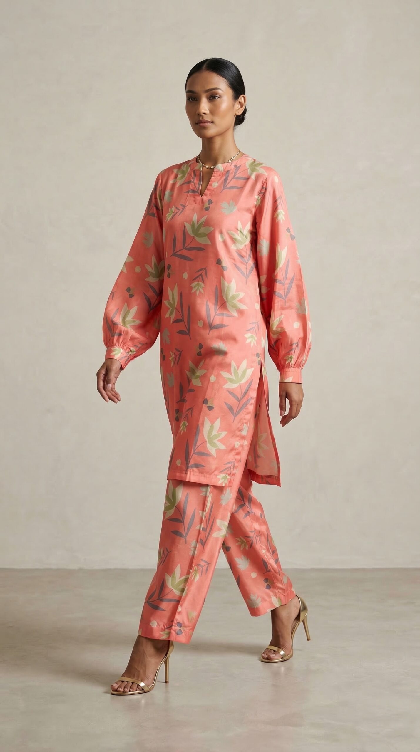 Coral Pink Floral Printed Co-Ord Set for Women – Lightweight Summer Kurta & Trouser Set