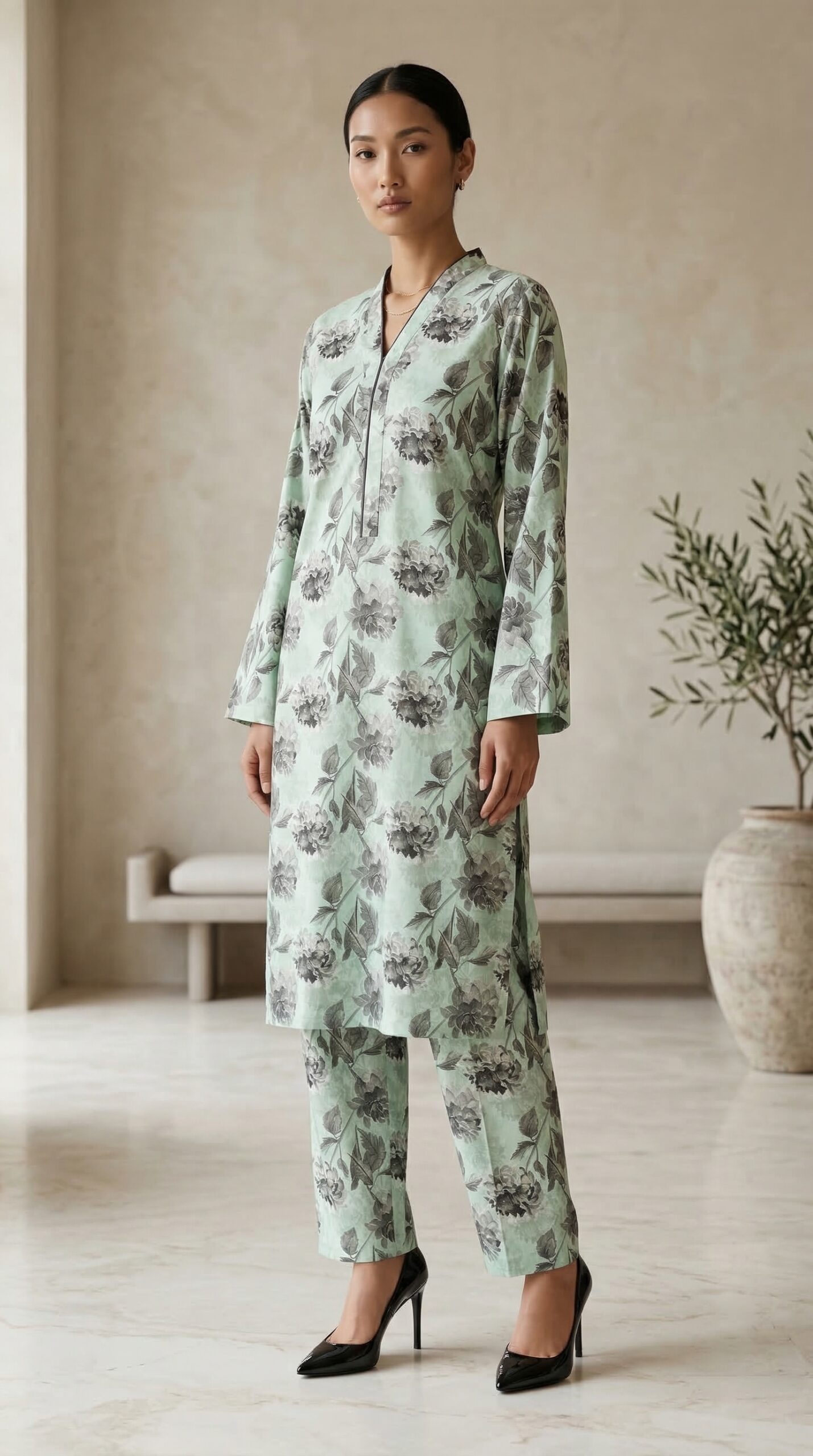 Soft Sage Green Floral Co-Ord Set for Women – Minimal Printed Kurta & Trouser Set - Image 2