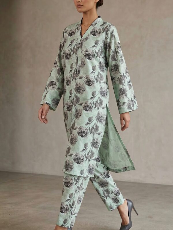 Soft Sage Green Floral Co-Ord Set for Women – Minimal Printed Kurta & Trouser Set