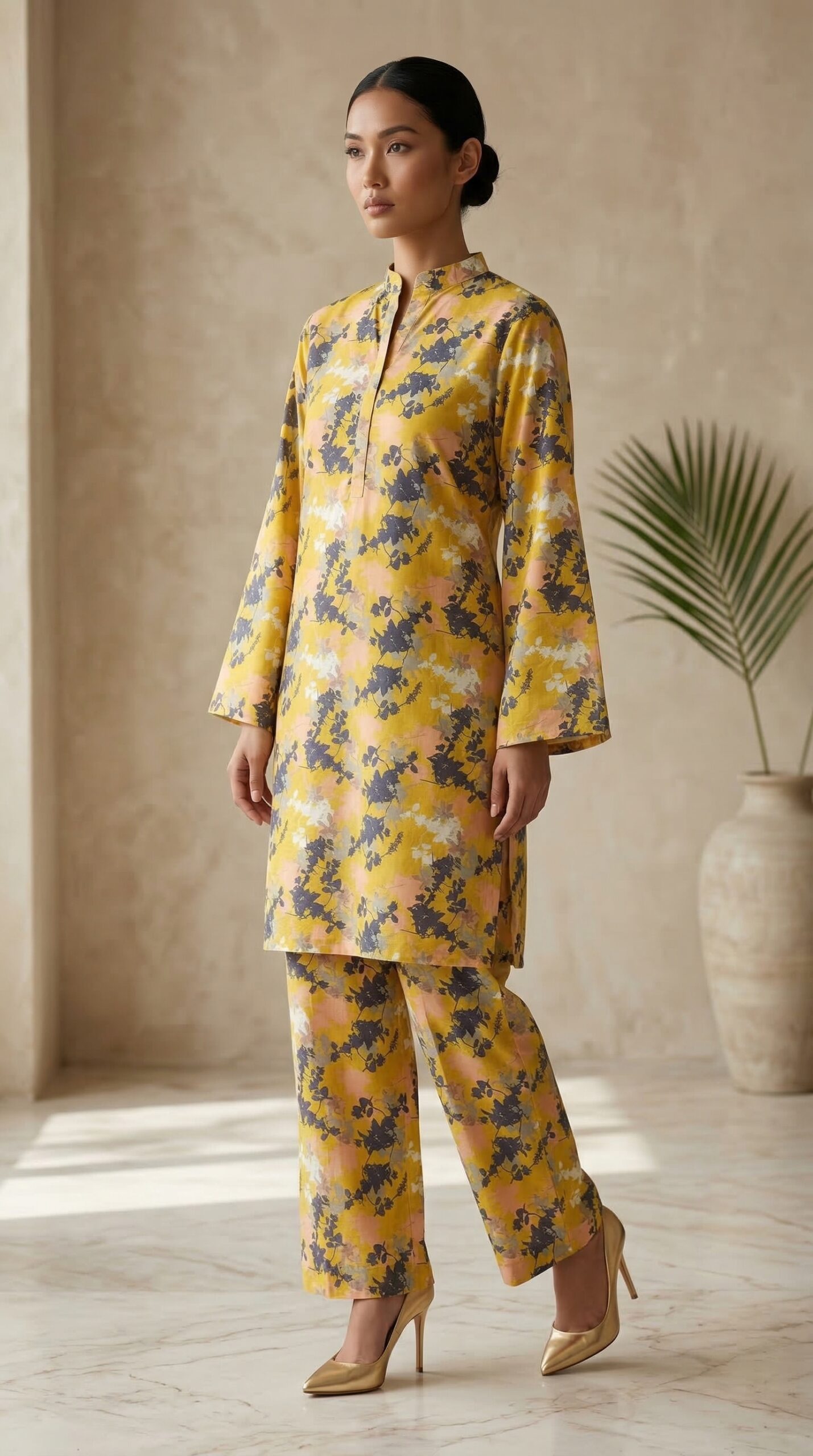Mustard Yellow Abstract Floral Co-Ord Set for Women – Statement Kurta & Trouser Set - Image 3