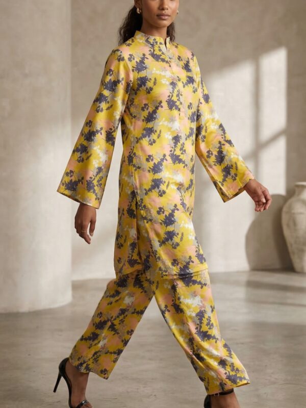 Mustard Yellow Abstract Floral Co-Ord Set for Women – Statement Kurta & Trouser Set
