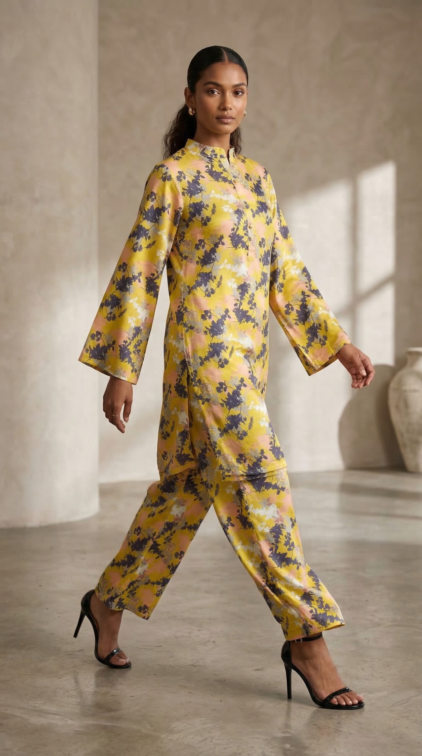 Mustard Yellow Abstract Floral Co-Ord Set for Women – Statement Kurta & Trouser Set