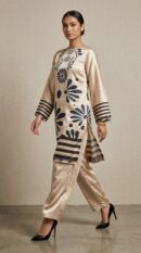 Champagne Satin Co-Ord Set with Bold Floral Motifs – Luxury Women’s Kurta & Trouser Set