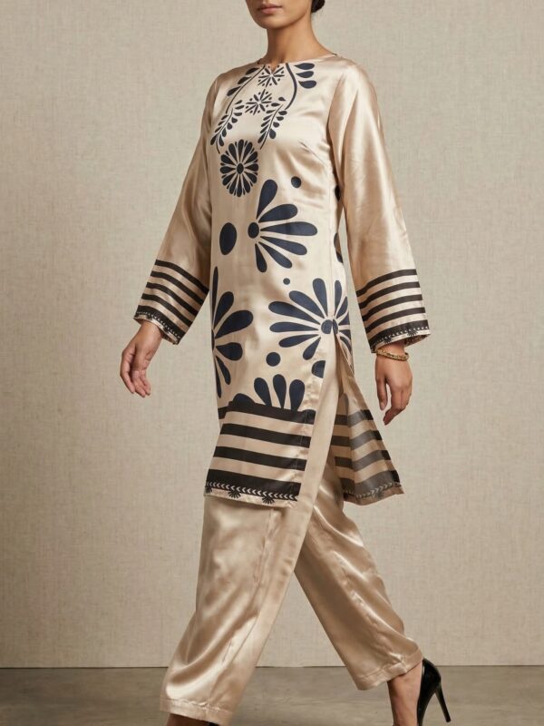Champagne Satin Co-Ord Set with Bold Floral Motifs – Luxury Women’s Kurta & Trouser Set