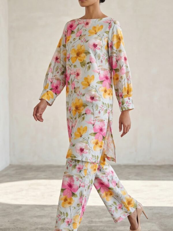 Pastel Floral Printed Co-Ord Set for Women – Soft Summer Kurta & Trouser Set