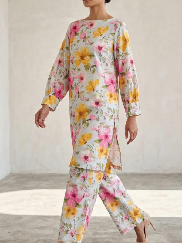 Pastel Floral Printed Co-Ord Set for Women – Soft Summer Kurta & Trouser Set