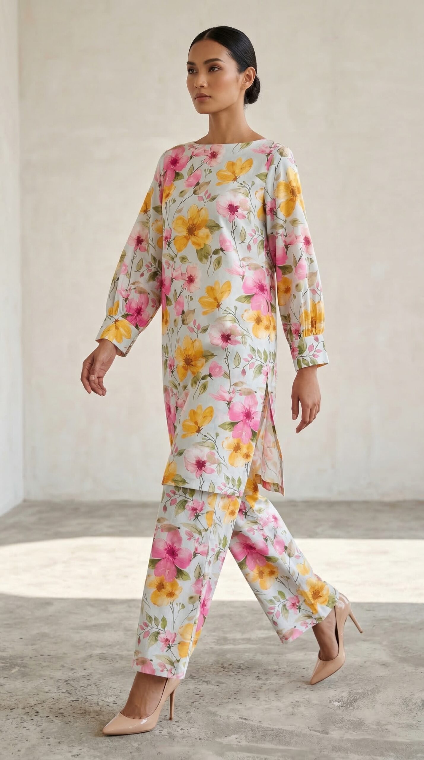 Pastel Floral Printed Co-Ord Set for Women – Soft Summer Kurta & Trouser Set