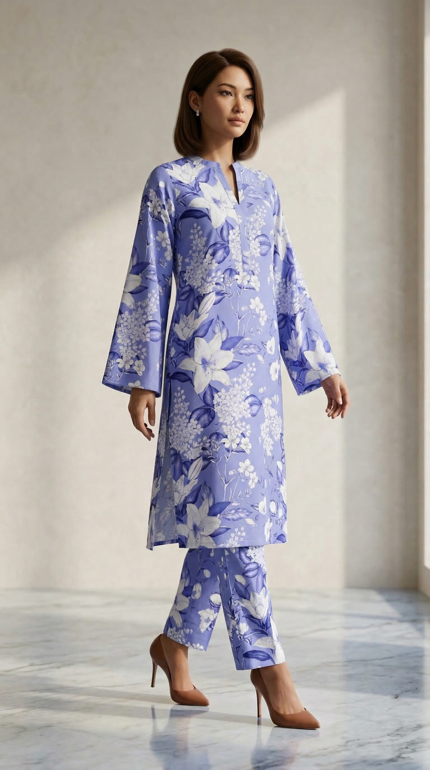 Lavender Blue Floral Co-Ord Set for Women – Elegant Printed Kurta & Trouser Set - Image 2