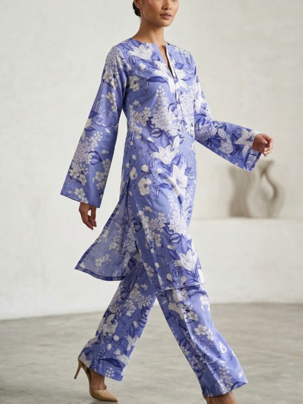 Lavender Blue Floral Co-Ord Set for Women – Elegant Printed Kurta & Trouser Set