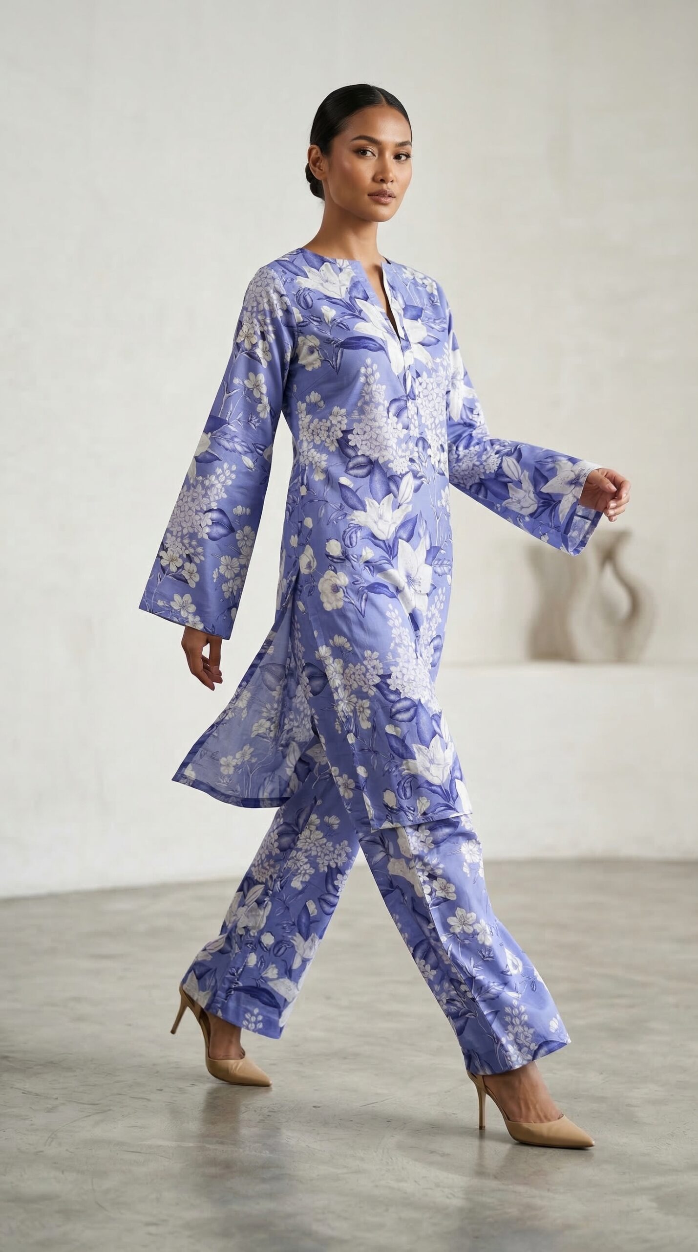 Lavender Blue Floral Co-Ord Set for Women – Elegant Printed Kurta & Trouser Set