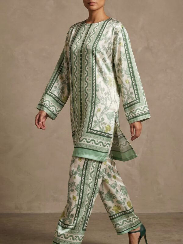 Elegant Mint Green Printed Co-Ord Set for Women – Relaxed Fit Tunic & Trouser Set