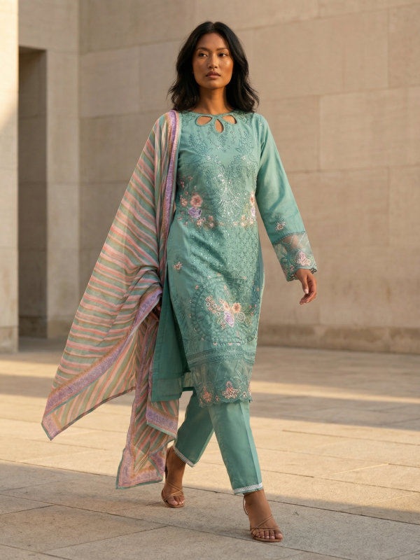 Sea Green Embroidered 3 Piece Suit